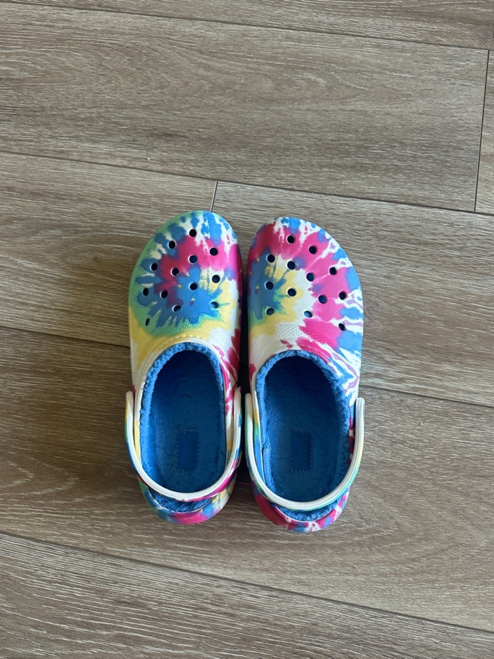 CROCS Women’s Fuzzy Tie-Dye Slip-On Clogs in Pink, Blue, Yellow, Green